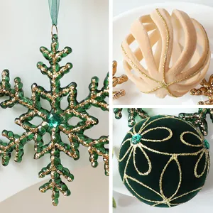 Luxury velvet Christmas ball set featuring glitter snowflake and emerald green accents for tree