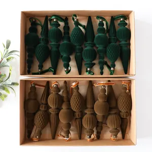 Set aus 9 beflockten Samt-Weihnachtsschmuck-Anhängern in elegantem Grün und Braun