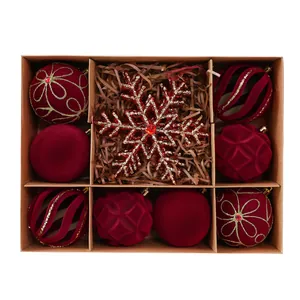 Premium red velvet Christmas ball set with glitter snowflake in kraft gift box
