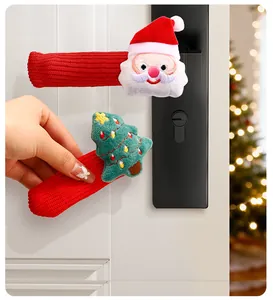 Festive Christmas door handle covers featuring plush Santa and tree designs on red knit.