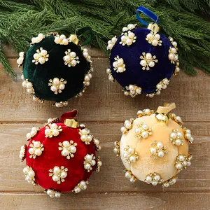 Luxury 8cm velvet Christmas ornaments decorated with elegant faux pearls and crystals