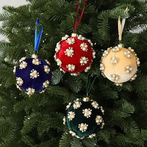 Set of luxury 8cm velvet Christmas balls featuring pearl and rhinestone flower designs