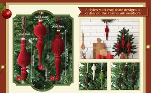 Vista detallada de adornos navideños de terciopelo rojo con dimensiones y estilo