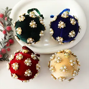 Velvet Christmas Ball Decoration With Artificial Pearl Rhinestone Inlaid Luxury Foam Christmas Tree Hanging Ornament For Holiday Party Home Decor