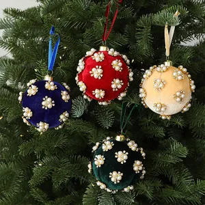Set of elegant 8cm velvet Christmas ball ornaments with pearl and rhinestone flower designs