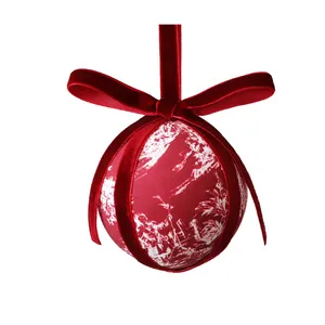 Elegant 8cm red and white Toile de Jouy fabric-wrapped Christmas ball ornament with bow