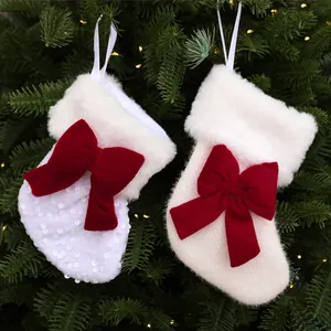 Calcetines de Navidad de Terciopelo Colgantes Con Lazo Grande Rojo Blanco Verde Adorno Festivo para Chimenea Árbol Decoración Navidad