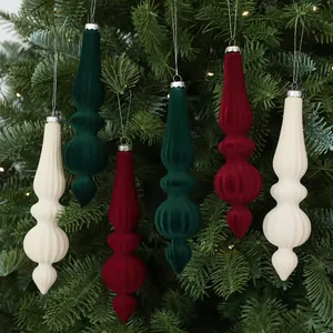 Lot de 6 élégantes boules de Noël coniques en velours rouge vert et blanc pour le sapin.
