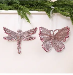 Elegant pink glitter butterfly and dragonfly Christmas ornaments with sparkling sequins