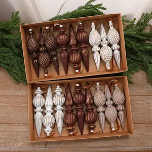 Close-up detail of vintage tapered plastic Christmas ball ornaments in rustic gift boxes.