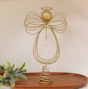 Elegant gold glitter wireframe Christmas angel tree topper with a hanging crystal