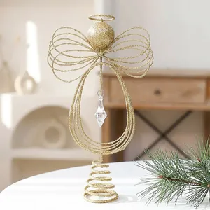 Detailed view of a golden glitter iron wire angel tree topper with a crystal pendant