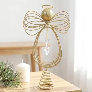 Glitter Iron Angel Christmas Tree Topper With Rhinestone Pendant Golden Metal Angel Figurine Holiday Tree Ornament Decor