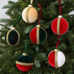 Bolas de Navidad de Terciopelo Lujosa Cadena de Strass Colgantes Árbol de Navidad Rojo Vino Verde Oscuro Decoración de Fiesta