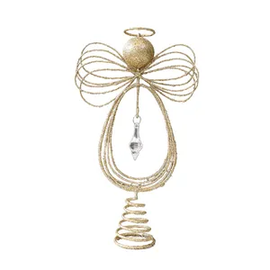 Elegant glittery gold iron wire angel Christmas tree topper with clear hanging crystal pendant