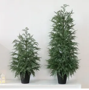 Pair of artificial cypress Christmas trees in black pots for indoor tabletop decor