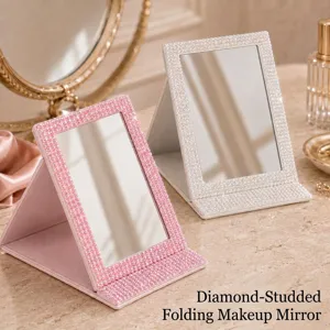 Foldable Makeup Mirror With Sparkly Rhinestone PU Leather Portable Desktop Rectangular Bling Vanity Mirror For Women