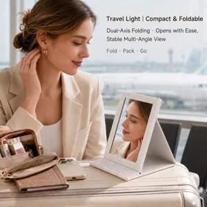 Portable rhinestone folding makeup mirror for travel in jelly white crystal finish