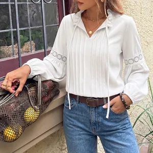 Blusa Elegante de Encaje Patchwork para Mujer Volantes Cuello en V Plisado Manga Linterna Top Lazada Bohemio Casual Oficina Camisa