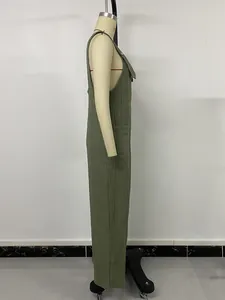 Detailed side view of women's army green loose backless textured strap jumpsuit