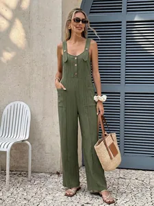 Stylish olive green textured strap jumpsuit for a relaxed summer vacation look