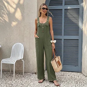 Women's Casual Textured Jumpsuit Loose Sleeveless Romper Wide Leg Overalls With Pockets Elegant High Waist Jumpsuit For Holiday