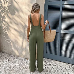 Chic green backless textured wide-leg jumpsuit with wide straps for summer casual wear