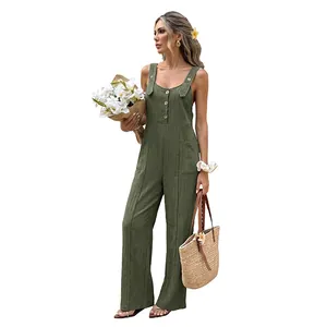 Casual olive green wide-leg strap jumpsuit with textured fabric and buttons for women
