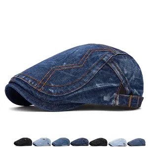 Women Vintage Washed Denim Beret Hat Distressed Newsboy Cap Contrast Stitching Adjustable Ivy Flat Cap Outdoor Sunshade