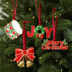 Set of festive alloy Christmas tree ornaments with colorful enamel and red ribbons