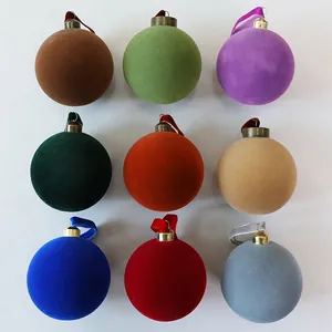 Set of 9 multi-colored flocked velvet Christmas ornaments for tree decoration and layout.