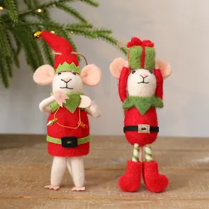 Pair of handmade needle felted wool Christmas mice ornaments in festive red and green outfits