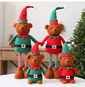 Group of four Christmas elf teddy bear plush dolls featuring telescopic legs for decor