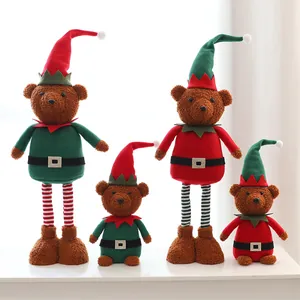 Set of four Christmas elf teddy bear plush toys in festive red and green festive outfits