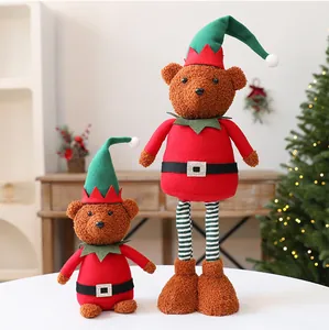 Decorative pair of plush Christmas bears in red elf tunics and green pointed hats