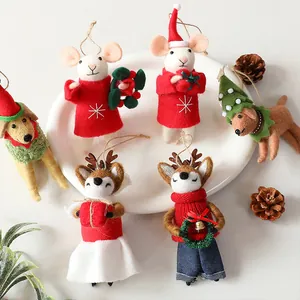Festive handmade wool felt Christmas ornaments featuring cute mice, deer, and dogs.