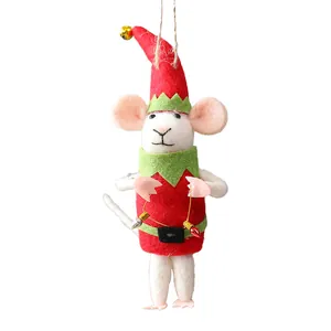Festive handmade wool felt Christmas mouse ornament wearing a red elf costume and hat