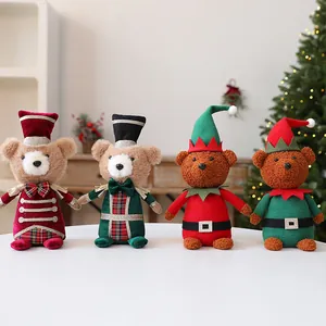 Set of four Christmas bear plush figurines in festive soldier and elf outfits for decor.