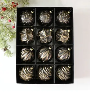 Set di 12 palline di Natale vintage bronzo con vari motivi in rilievo in scatola