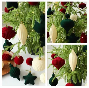 Elegant velvet flocked Christmas tree ornaments in dark green, red and cream set