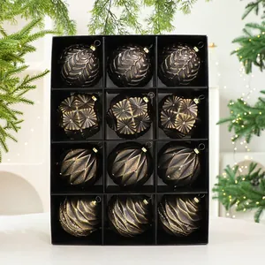 Set di 12 palline di Natale vintage in bronzo con texture in una scatola regalo nera