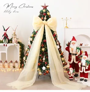 Elegante grote crème mesh strik voor kerstboomtop met lange linten decoratie