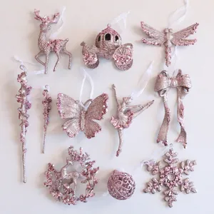 Pink Glitter Christmas Tree Ornaments Acrylic Snowflake Fawn Butterfly Ballerina Hanging Decorations For Xmas Tree Holiday Home Decor