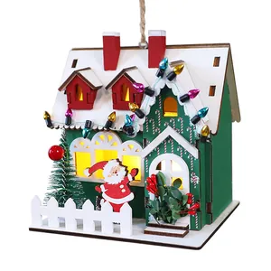 Decorative LED glowing Christmas wooden house ornament with Santa Claus and fence detail