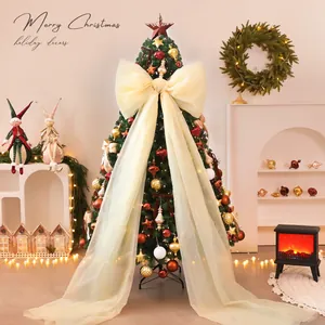 Grote Crème Strik Kerstboom Set Met Warme LED-Lichtslingers Goud Rood Vintage Ornamenten Kerstman Figuren Feestelijke Huisdecoratie