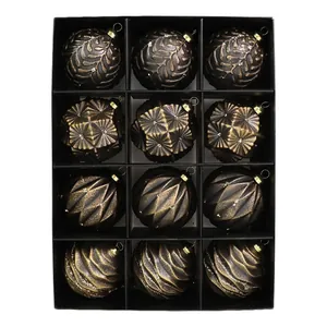 Set di 12 palline di Natale vintage in bronzo antico in una confezione regalo nera a scomparti