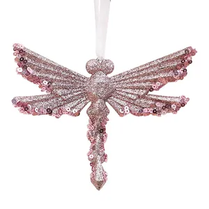 Exquisite pink glittery dragonfly Christmas tree hanging ornament with sequins and ribbon