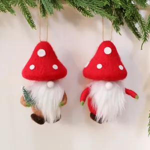Set of two handmade wool felt mushroom gnomes Christmas tree hanging ornaments decorations
