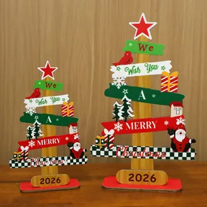 Festliche hölzerne 2026 Weihnachtsbaum Tischdeko mit Weihnachtsmann und Geschenkbox Motiven