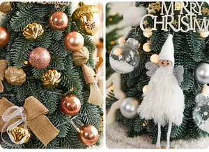 Detalle de un mini árbol de Navidad decorado con bolas doradas y un ángel de peluche